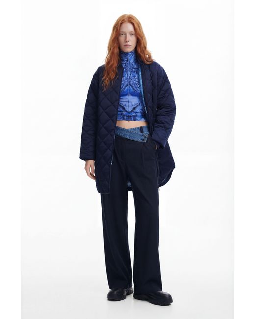 Desigual Blue Long Padded Coat, Polyester