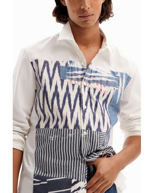 Desigual White Ikat Patchwork Shirt, Cotton for men