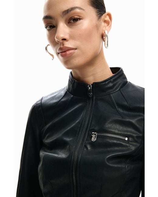 Desigual Black Mao Collar Jacket, Polyurethane
