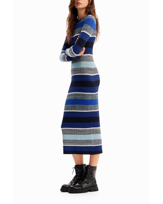 Desigual Blue Stripy Ribbed Midi Dress