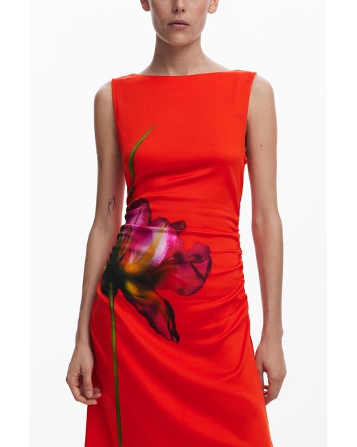 Desigual Red Orchid Asymmetrical Dress, Viscose