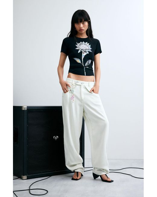 Desigual White Baggy Pants Buttons, Lyocell