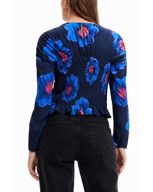 Desigual Blue Floral Ruched Blouse, Viscose