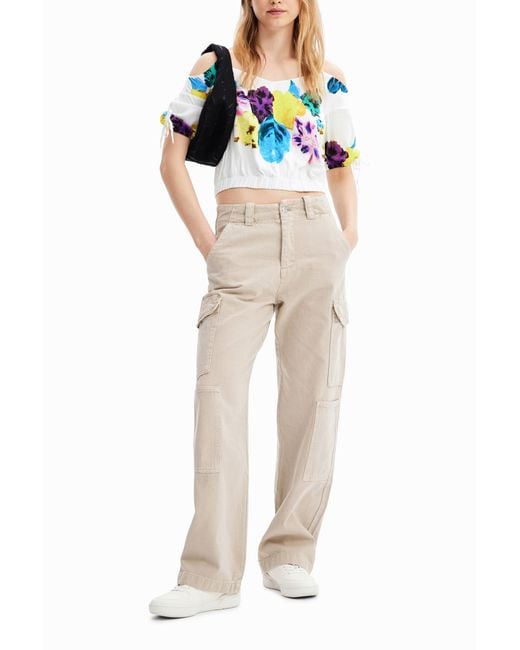 Desigual Blue M. Christian Lacroix Short Gathered Floral Blouse, Viscose