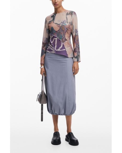 Desigual White Asymmetric Flared Sleeve Printed Top