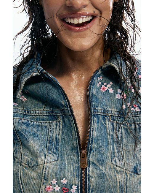 Desigual Blue Embroidered Denim Jacket, Cotton