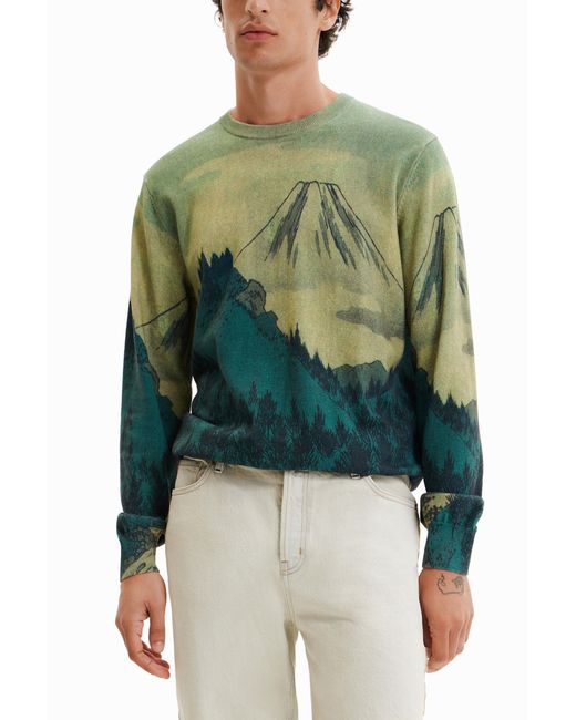 Desigual Green Thin Landscape Pullover, Cotton for men