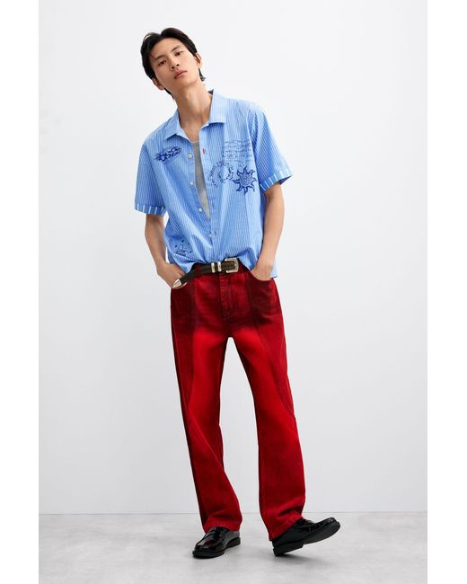 Desigual Blue Short Printed Cotton Shirt, Cotton for men
