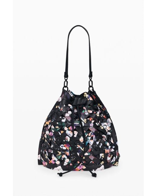 Desigual Black Medium Braided Backpack With Flowers, Polyurethane