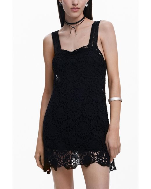 Desigual Black Crochet Mini Dress, Cotton