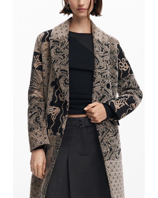 Desigual Black Long Patch Coat, Polyester