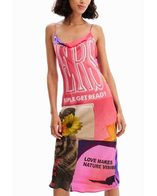 Desigual Red Collage Lingerie Midi Dress, Viscose
