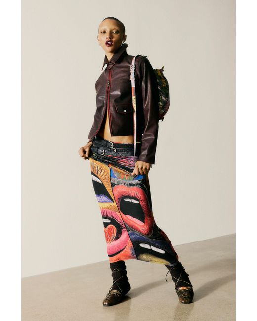 Desigual Black Bedruckter Rock Mit Mündern, Damen, Viskose, Schwarz