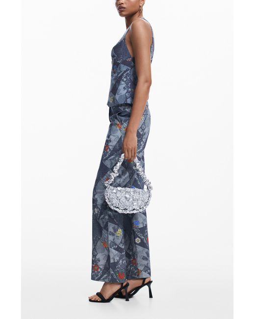 Desigual Blue Embroidered Floral Patch Tank
