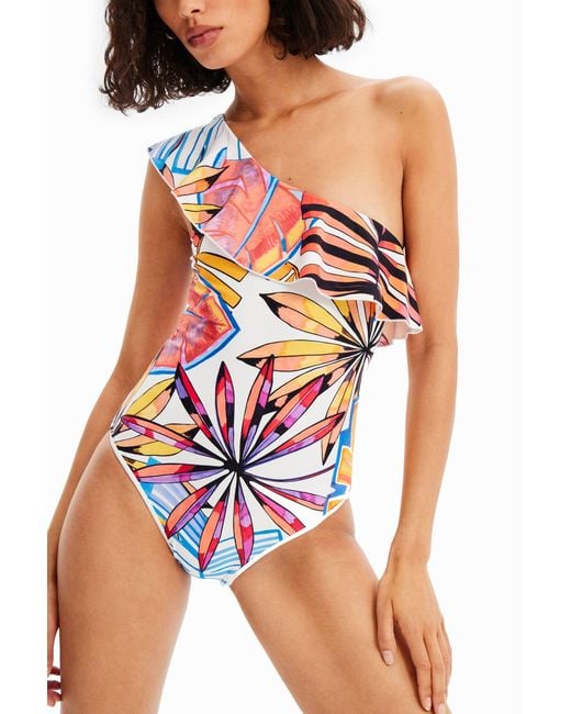 Desigual White Asymmetric Ruffle Swimsuit