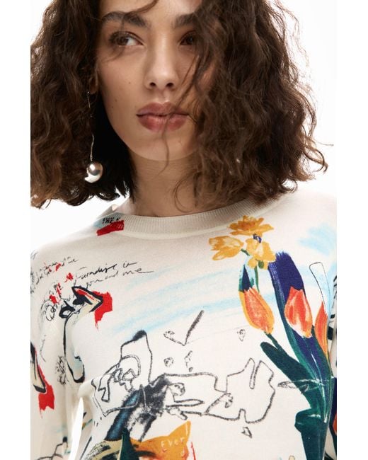 Desigual White Thin Sweater Plants