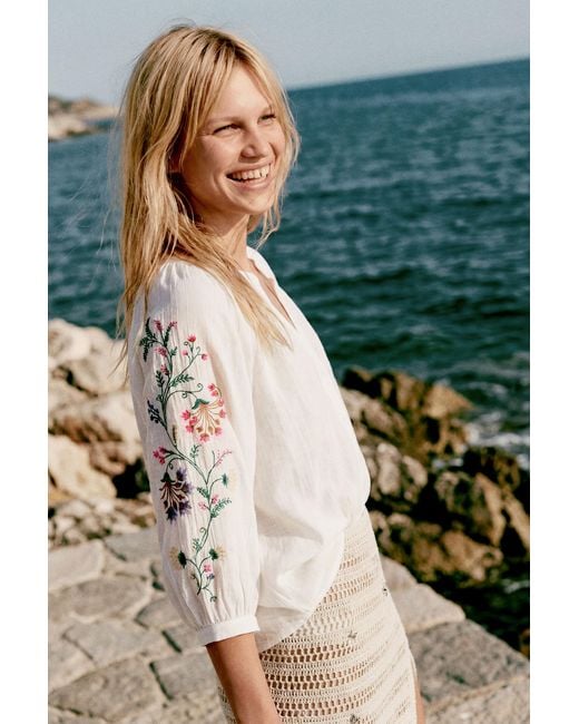 Desigual White Blouse Embroidered Sleeves