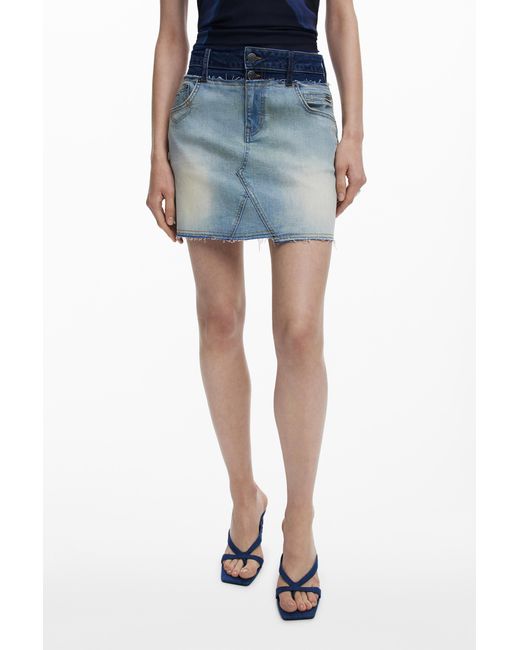 Desigual Blue Double Waist Denim Skirt, Cotton