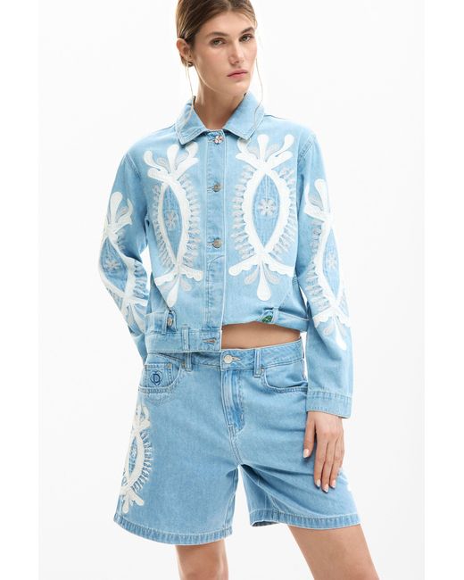 Desigual Blue Embroidered Denim Bermuda, Cotton