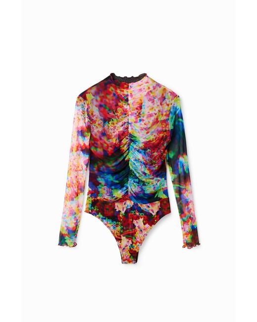 Desigual Red Ruched Floral Tulle Bodysuit, Polyester