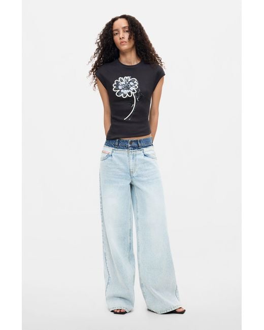 Desigual Black Floral Printed T-Shirt, Cotton