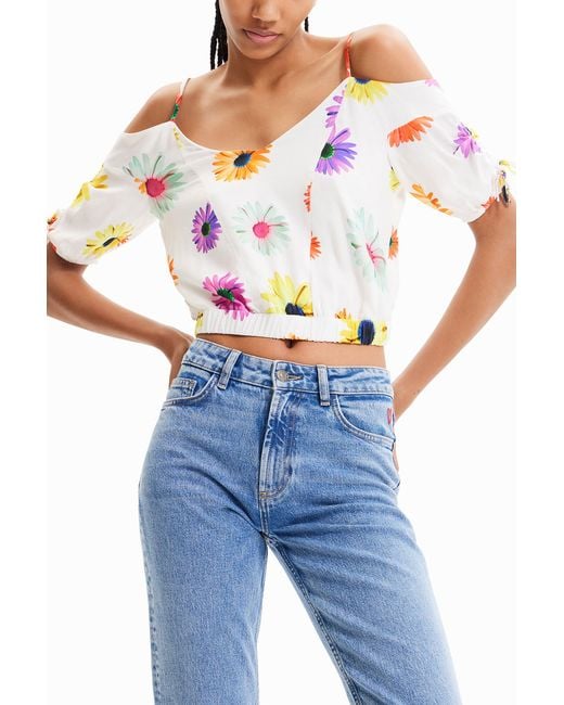 Desigual White Short Gathered Floral Blouse, Viscose
