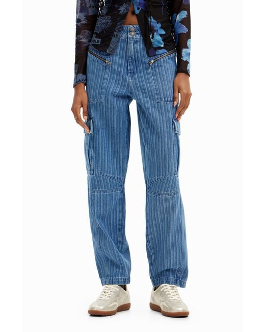 Desigual Blue Striped Denim Cargo Pants