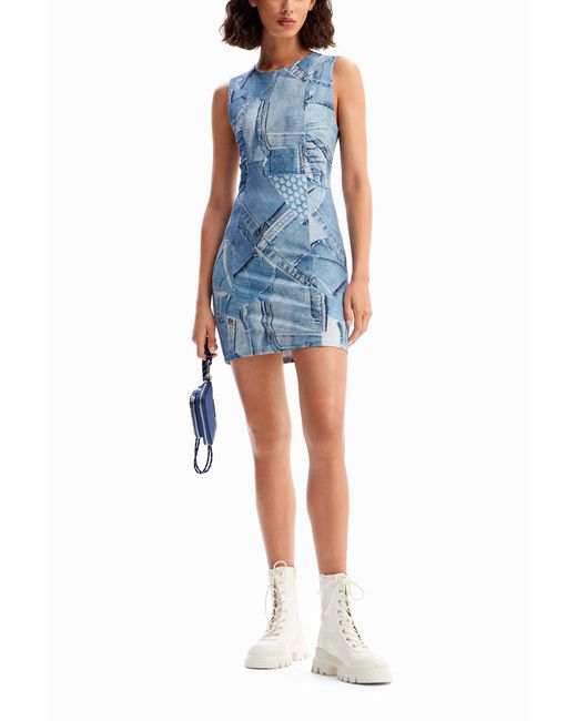 Vestido Mini Patch Denim, Azul Desigual de color Blue