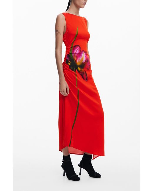 Desigual Red Orchid Asymmetrical Dress, Viscose