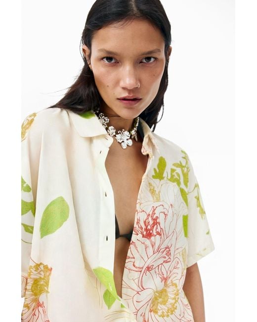 Desigual White Short-Sleeved Floral Shirt, Viscose
