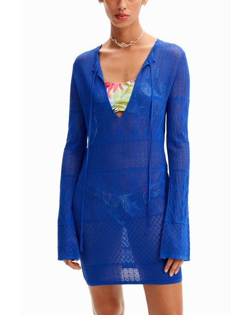 Desigual Blue Short Openwork Tunic Dress