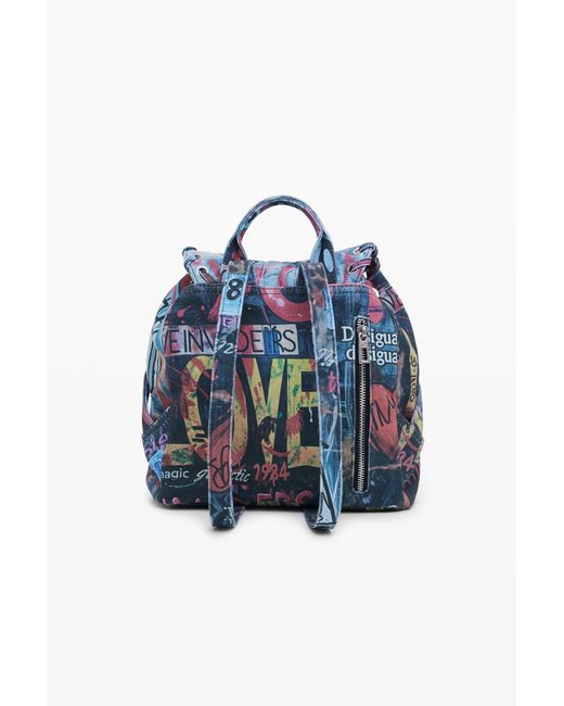 Desigual Small Graffiti Cat Backpack Denim Y2K Grunge Boho Lace-Up Drawstring Small graffiti studio backpack Women main image 3