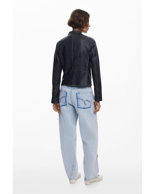 Desigual Blue Jacket With Worn Leather Effect