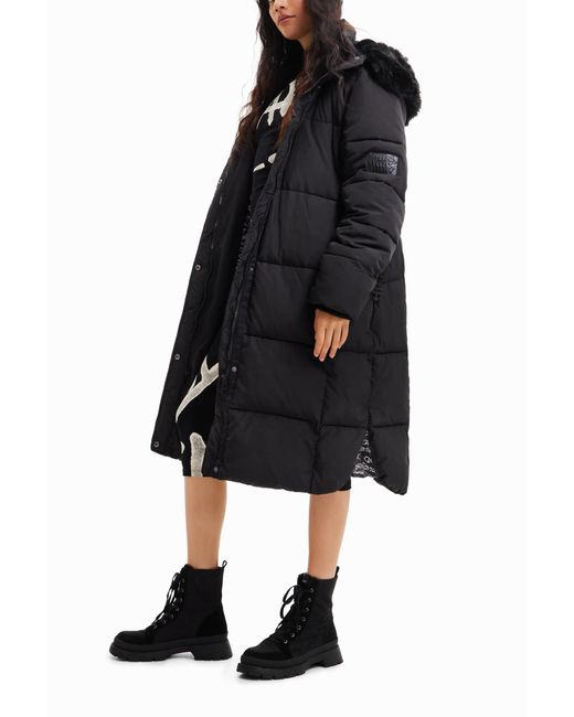 Desigual Black Long Padded Coat With Belt, Polyester