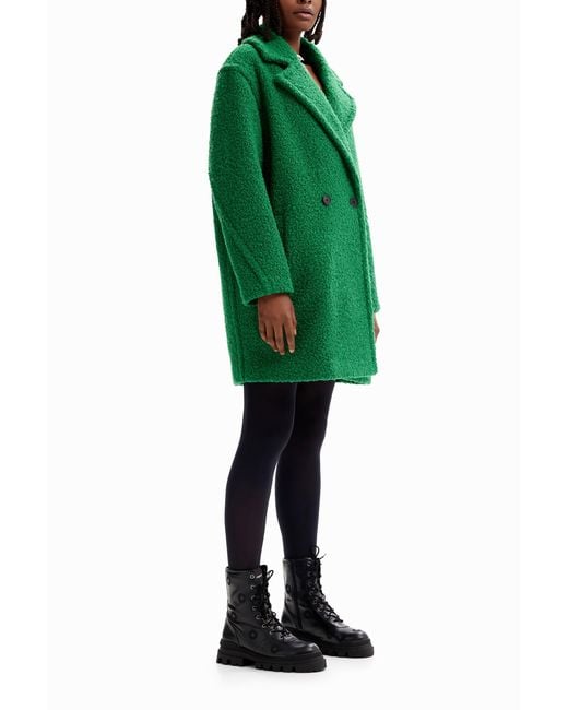 Desigual Green Double-Breasted Bouclé Coat, Polyester