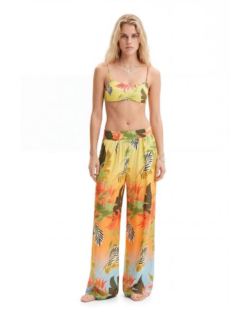 Desigual White Tropical Wide-Leg Trousers, Viscose