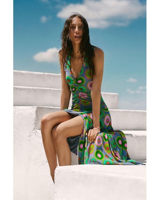 Desigual Blue Vintage Printed Halter Dress, Viscose