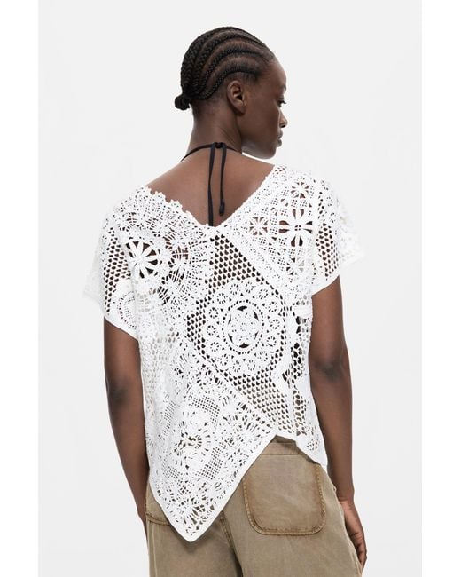 Desigual White Asymmetric Crochet T-Shirt