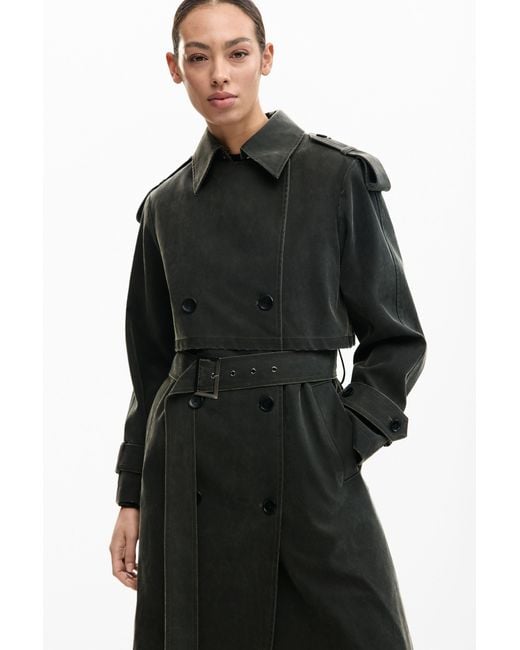 Desigual Black Trench Coat Suede Effect, Polyurethane