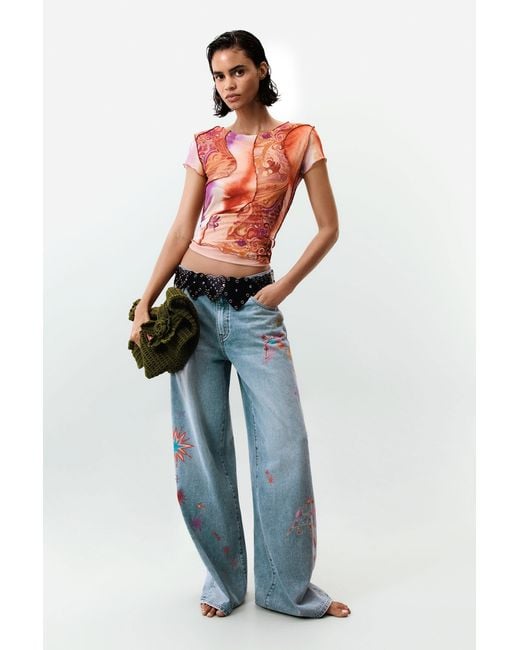 Desigual Orange Printed Short Sleeve T-Shirt, Polyester