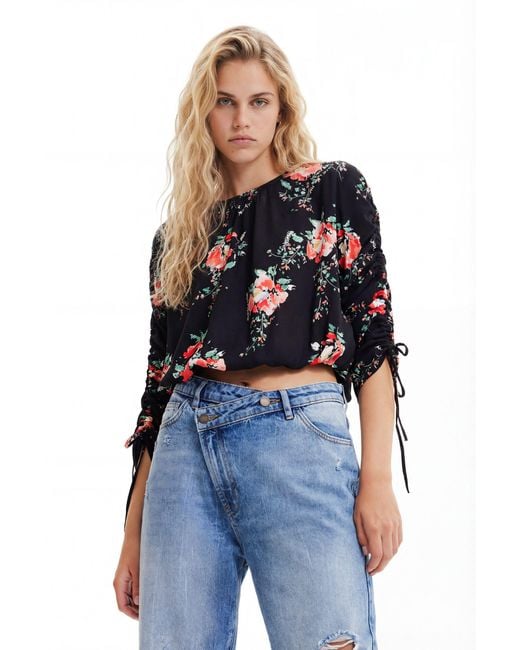 Desigual Black Adjustable-Sleeve Floral Blouse, Viscose