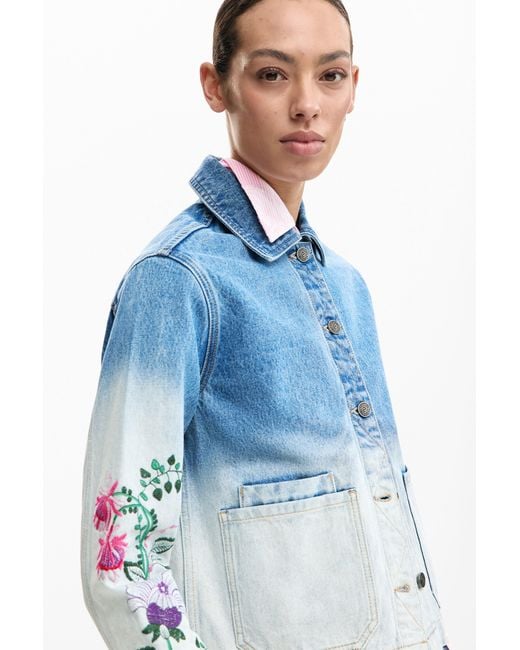 Desigual Blue Denim Jacket Flowers, Cotton