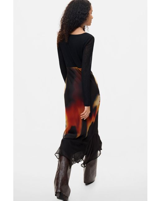 Desigual Black Long-Sleeve Midi Dress, Polyester