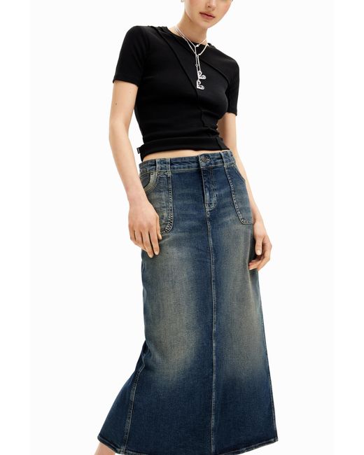 Desigual Blue Denim Midi Skirt, Cotton