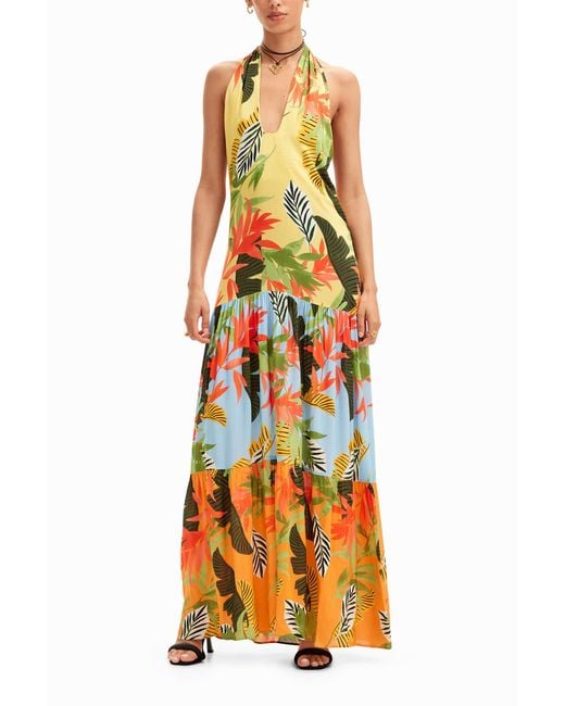 Desigual Metallic Tropical Halter Neck Maxi Dress, Viscose