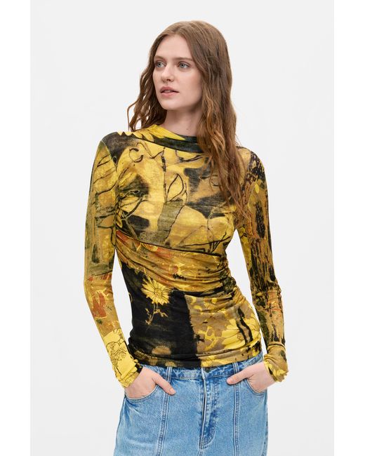 Desigual Yellow Thin Printed Sweater, Viscose