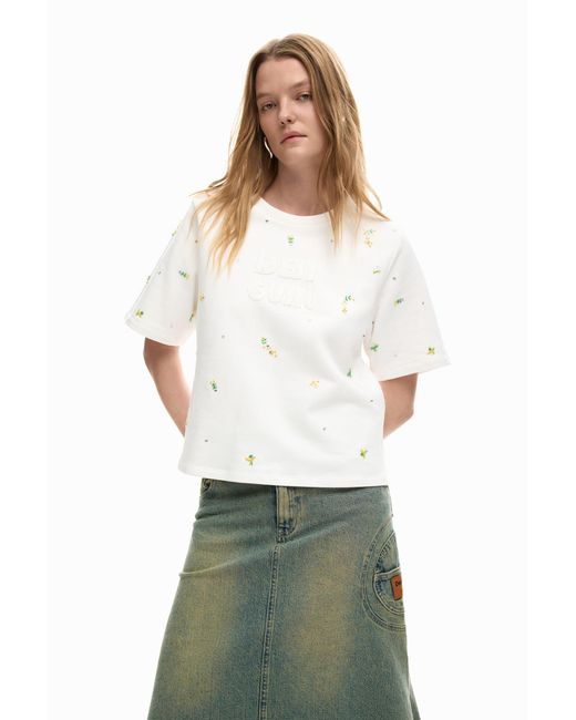 Desigual White Logo T-Shirt With Appliqués, Cotton