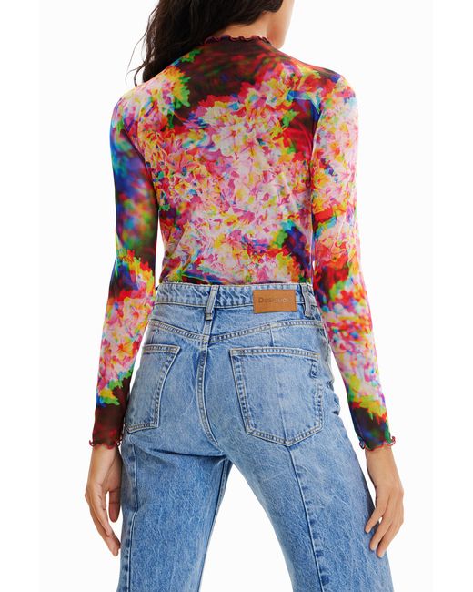 Desigual Red Ruched Floral Tulle Bodysuit, Polyester