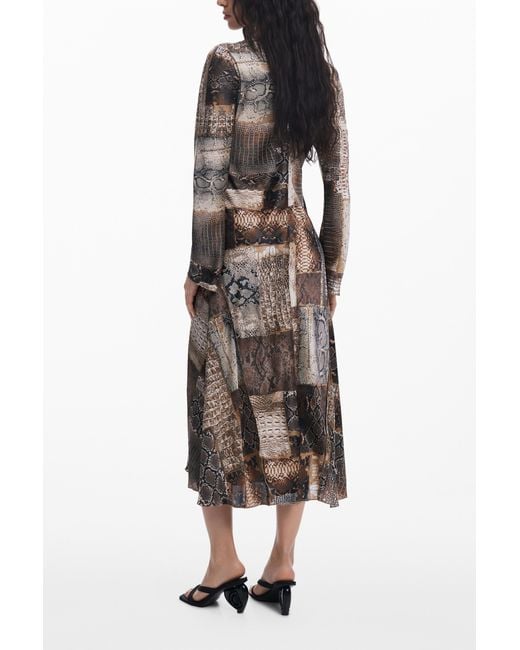 Desigual Brown Flowy Animal Print Dress, Polyester