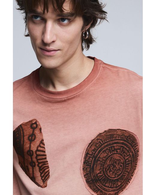 Desigual Orange Short-Sleeved Patchwork T-Shirt, Cotton for men